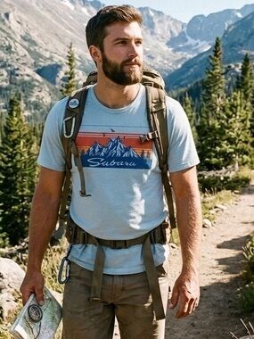 Subaru XL retro look Light Blue Heather Short Sleeve Graphic Tee Mountain Logo